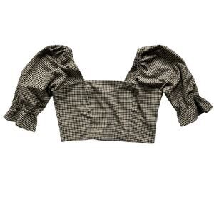 Whimsy + Row Eden Plaid Crop Square Neck Top Size Large Puff Sleeve